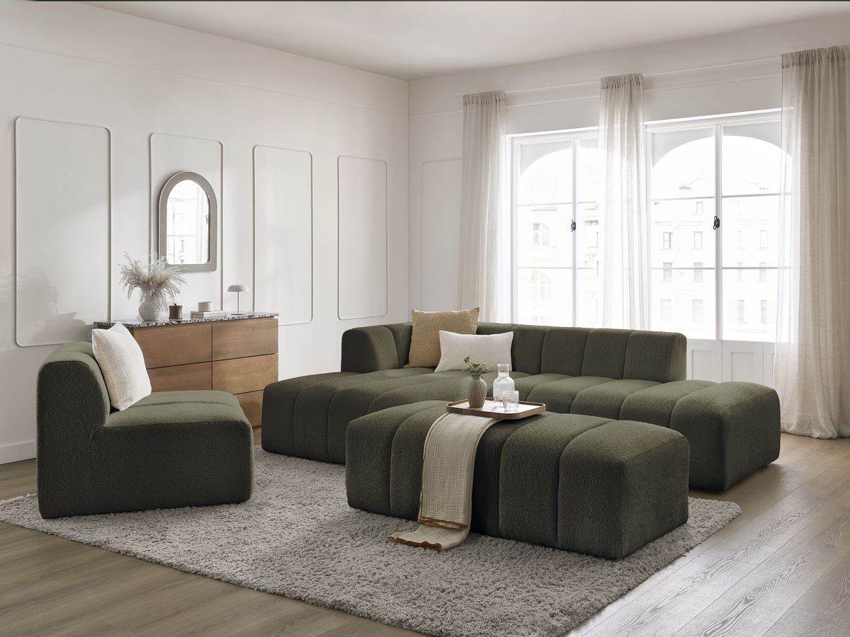 ANNECY modulaire vaste hoekbank in badstof met 1 enkele fauteuil en 1 poef