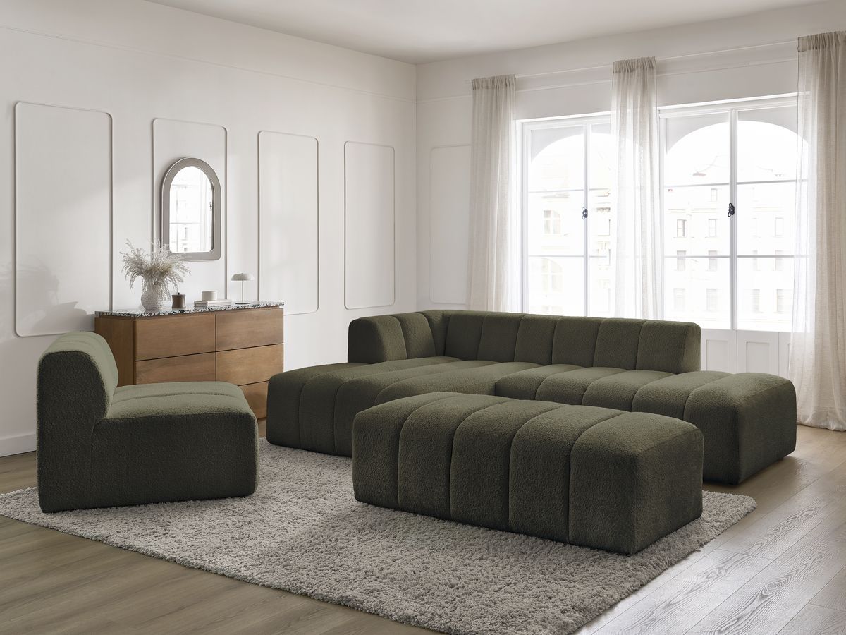 ANNECY modulaire vaste hoekbank in badstof met 1 enkele fauteuil en 1 poef