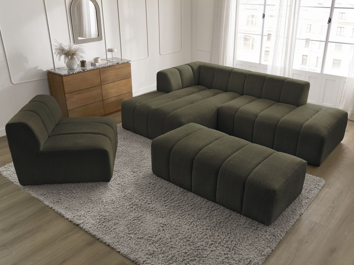 ANNECY modulaire vaste hoekbank in badstof met 1 enkele fauteuil en 1 poef