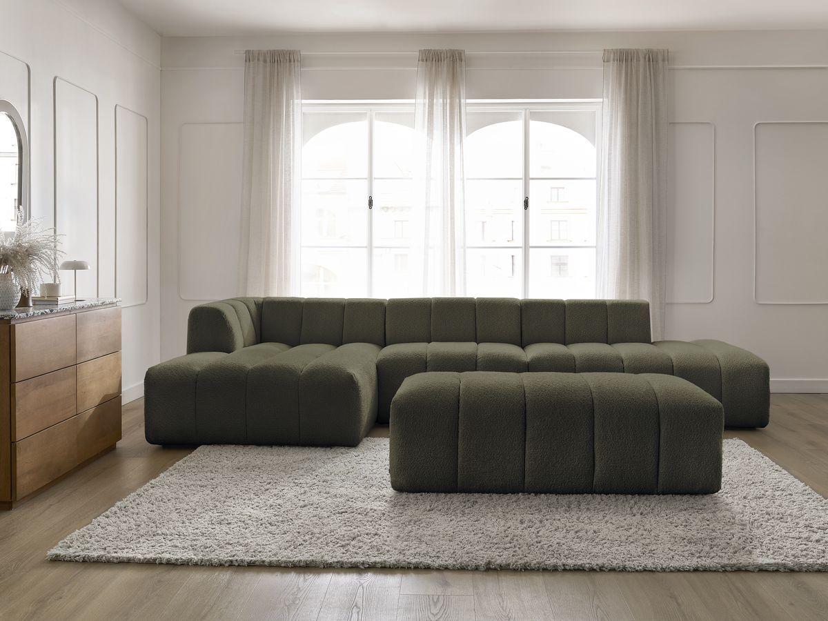 ANNECY modulaire vaste hoekbank in badstof met 1 enkele fauteuil en 1 poef