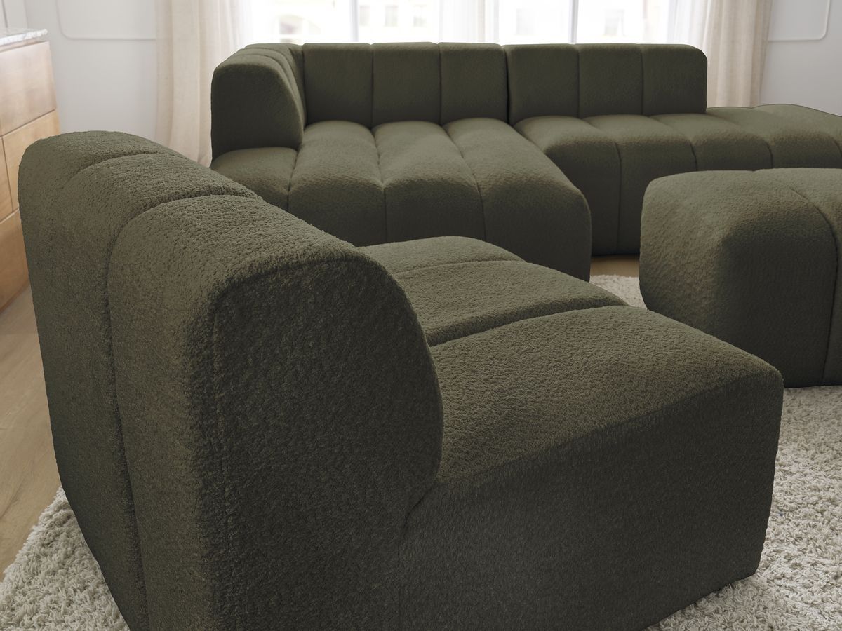 ANNECY modulaire vaste hoekbank in badstof met 1 enkele fauteuil en 1 poef