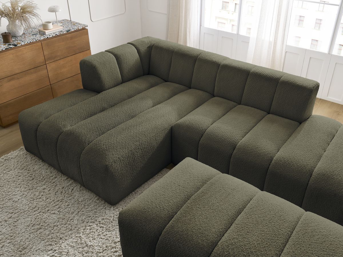 ANNECY modulaire vaste hoekbank in badstof met 1 enkele fauteuil en 1 poef
