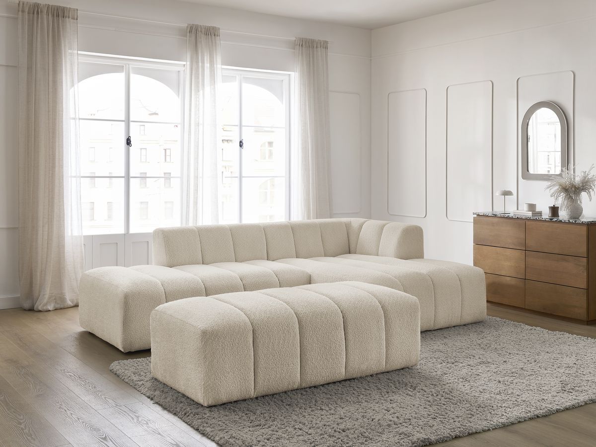 Canapé d'angle fixe modulable ANNECY tissu bouclette avec pouf