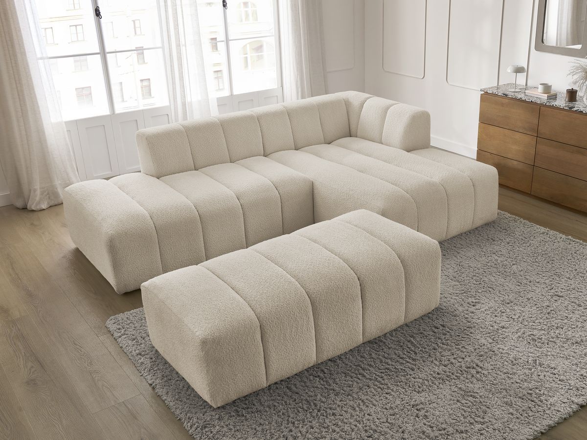 Canapé d'angle fixe modulable ANNECY tissu bouclette avec pouf