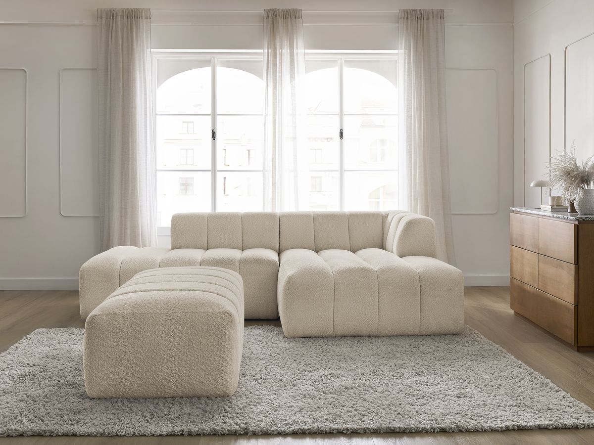 Canapé d'angle fixe modulable ANNECY tissu bouclette avec pouf