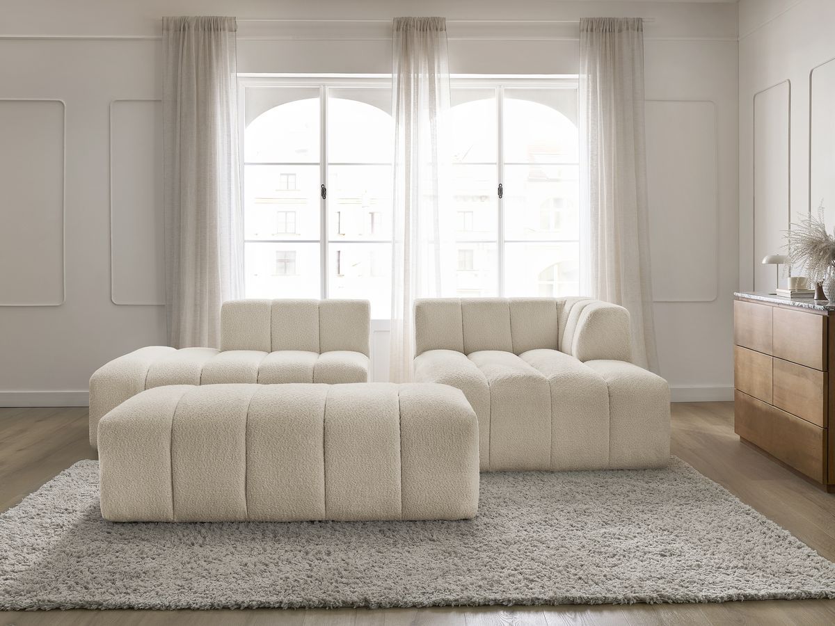 Canapé d'angle fixe modulable ANNECY tissu bouclette avec pouf