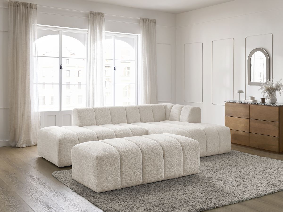 Canapé d'angle fixe modulable ANNECY tissu bouclette avec pouf
