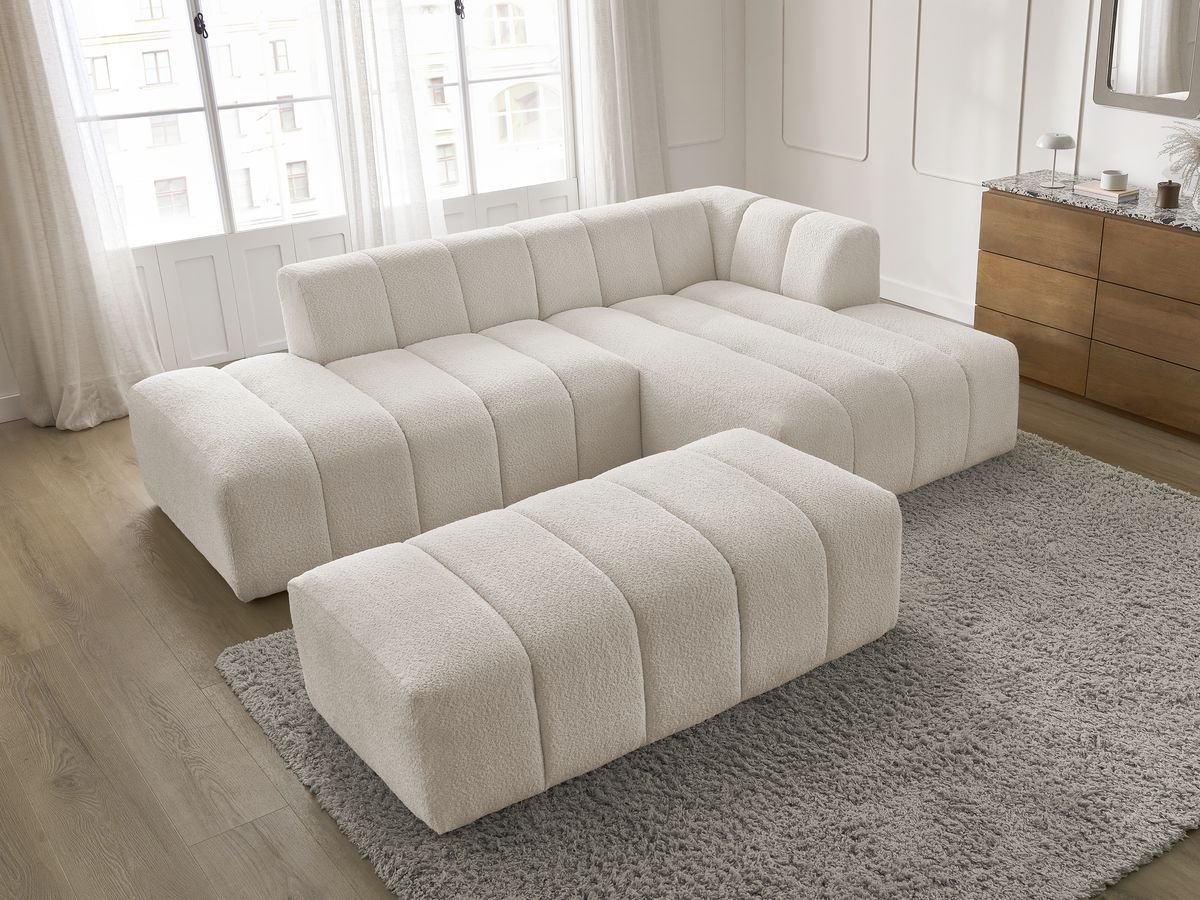 Canapé d'angle fixe modulable ANNECY tissu bouclette avec pouf