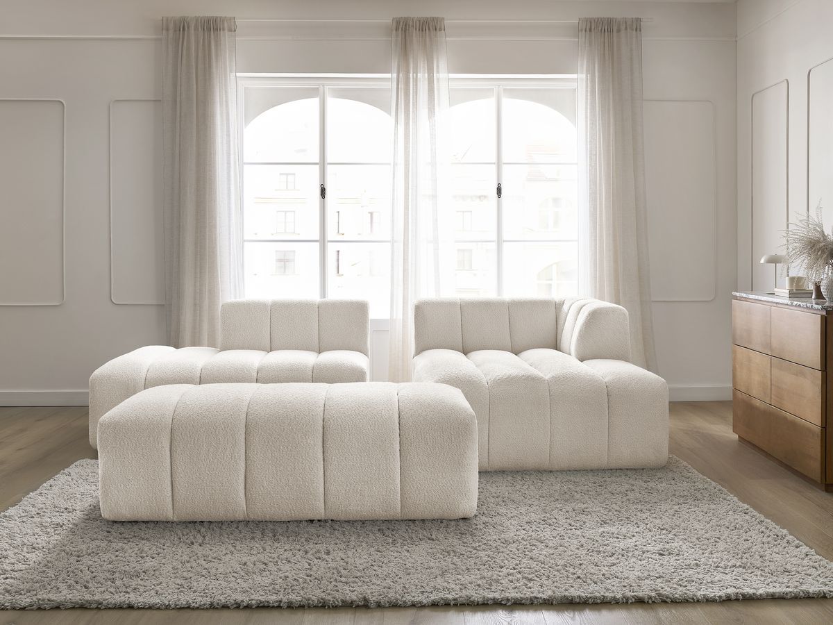 Canapé d'angle fixe modulable ANNECY tissu bouclette avec pouf
