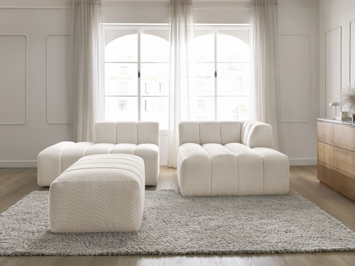 Canapé d'angle fixe modulable ANNECY tissu bouclette avec pouf