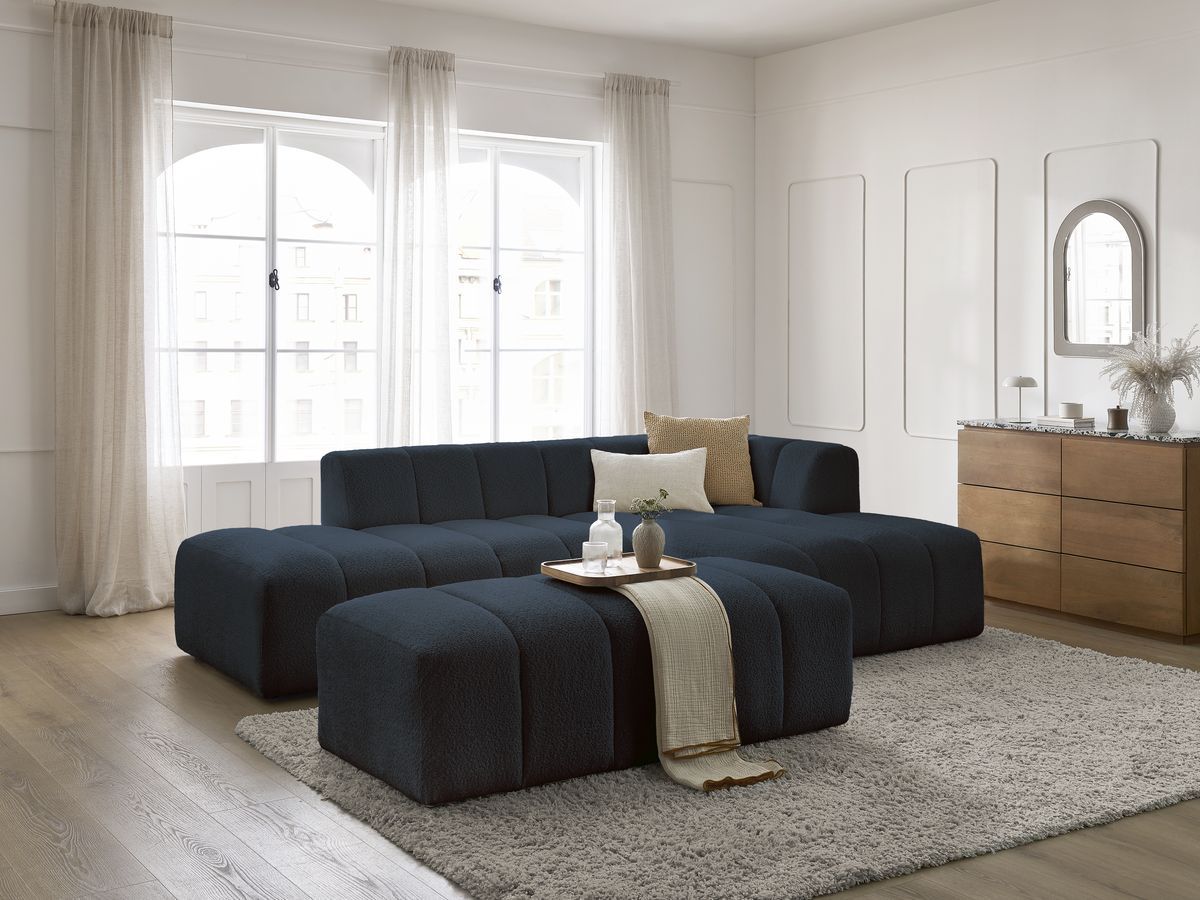 Canapé d'angle fixe modulable ANNECY tissu bouclette avec pouf