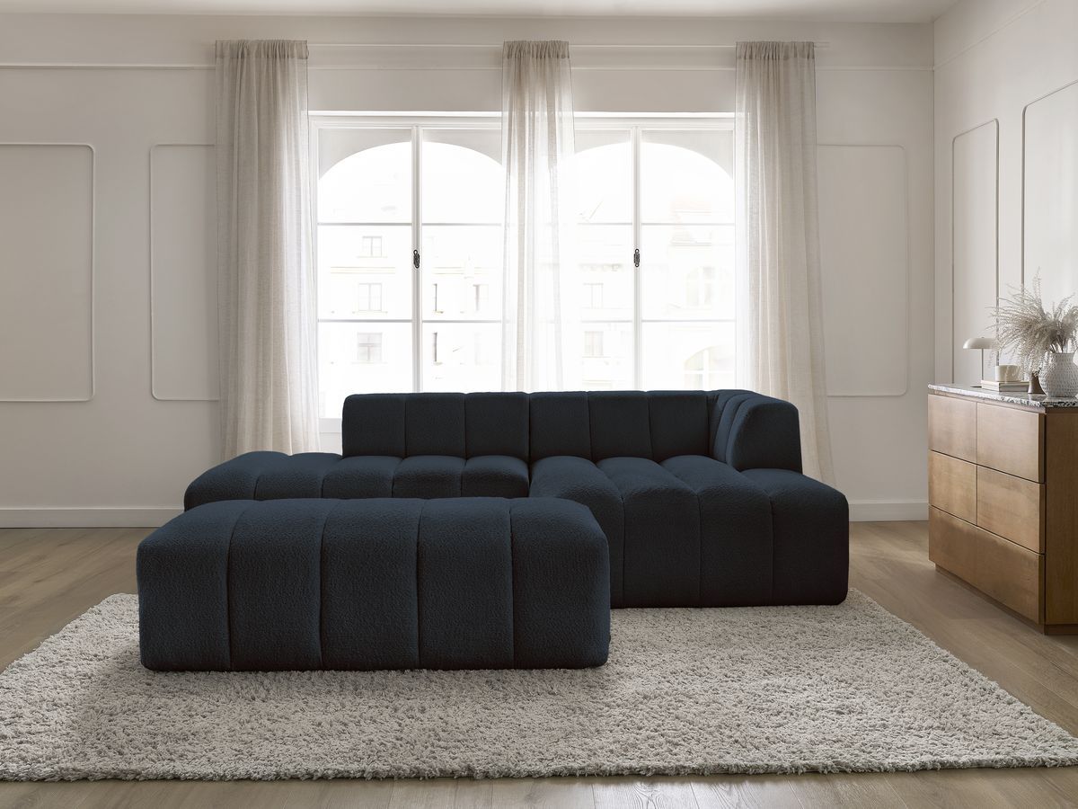 Canapé d'angle fixe modulable ANNECY tissu bouclette avec pouf bleu foncé  angle droit BOBOCHIC 4 places - Vue supplémentaire 3
