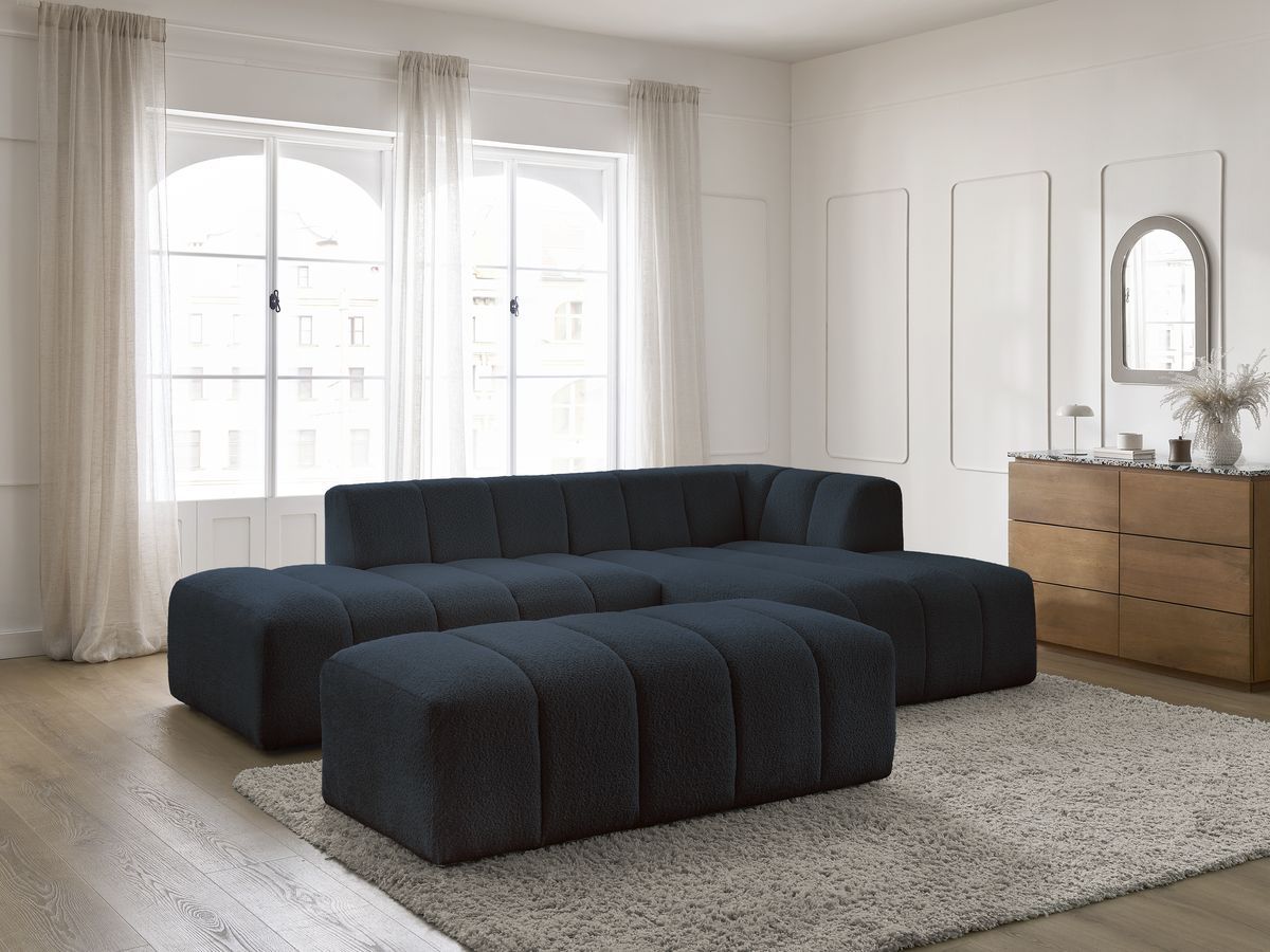 Canapé d'angle fixe modulable ANNECY tissu bouclette avec pouf