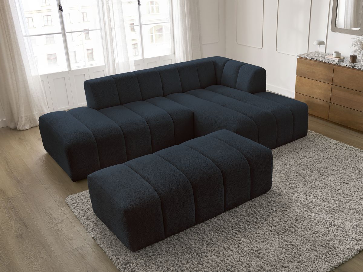 Canapé d'angle fixe modulable ANNECY tissu bouclette avec pouf