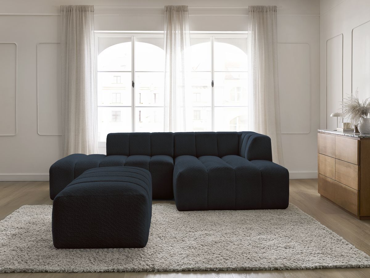 Canapé d'angle fixe modulable ANNECY tissu bouclette avec pouf