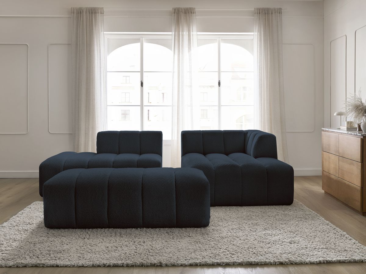 Canapé d'angle fixe modulable ANNECY tissu bouclette avec pouf