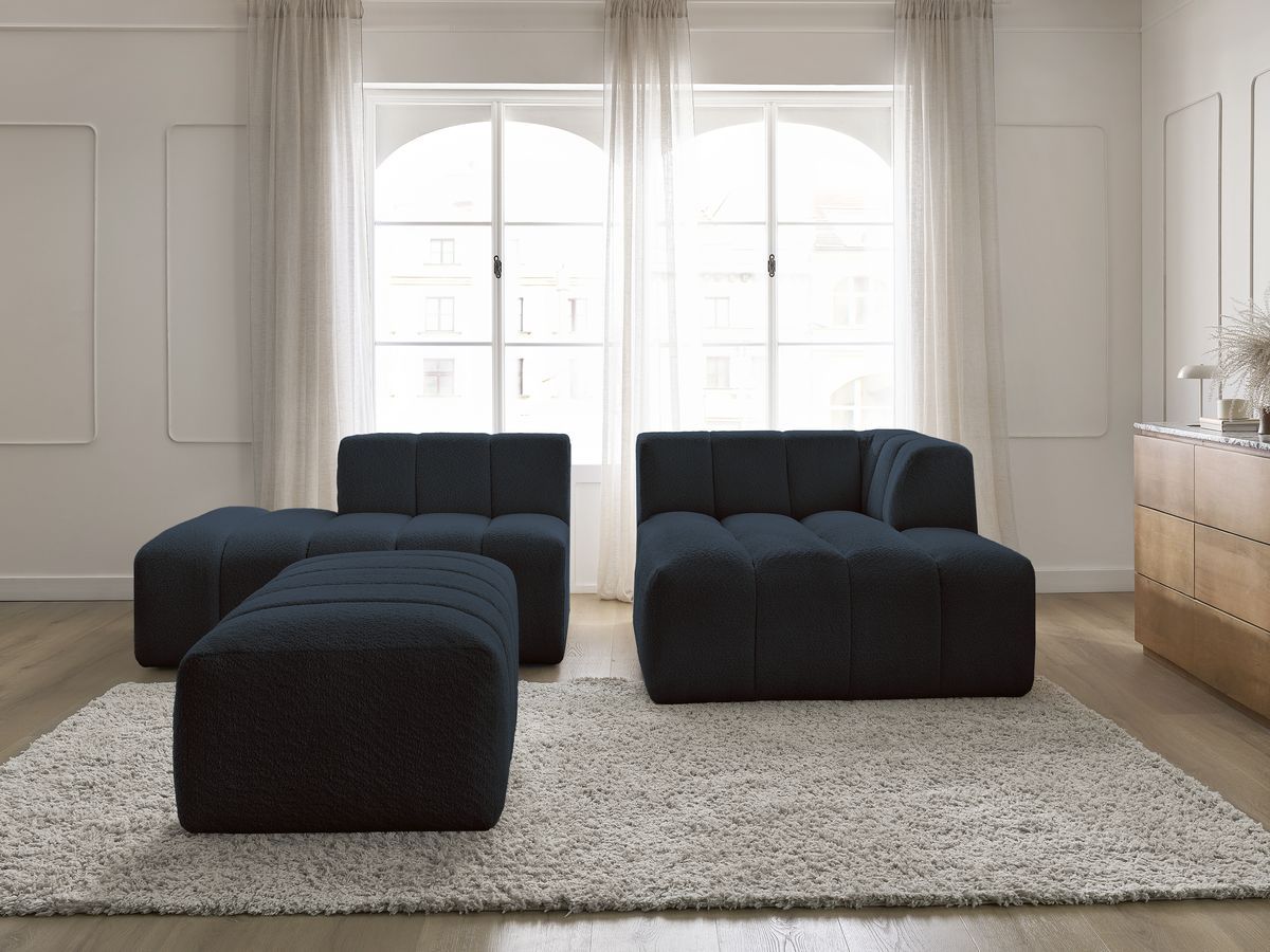 Canapé d'angle fixe modulable ANNECY tissu bouclette avec pouf