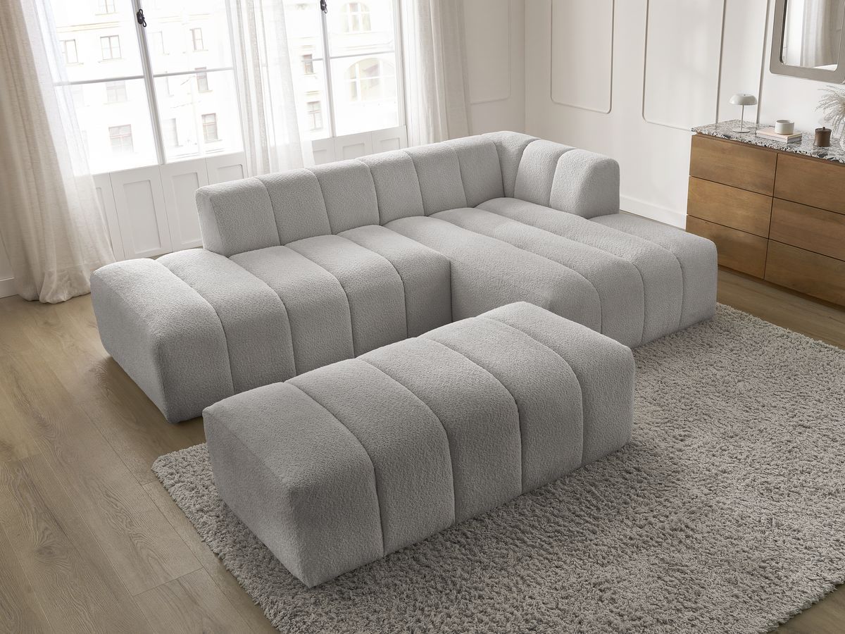 Canapé d'angle fixe modulable ANNECY tissu bouclette avec pouf
