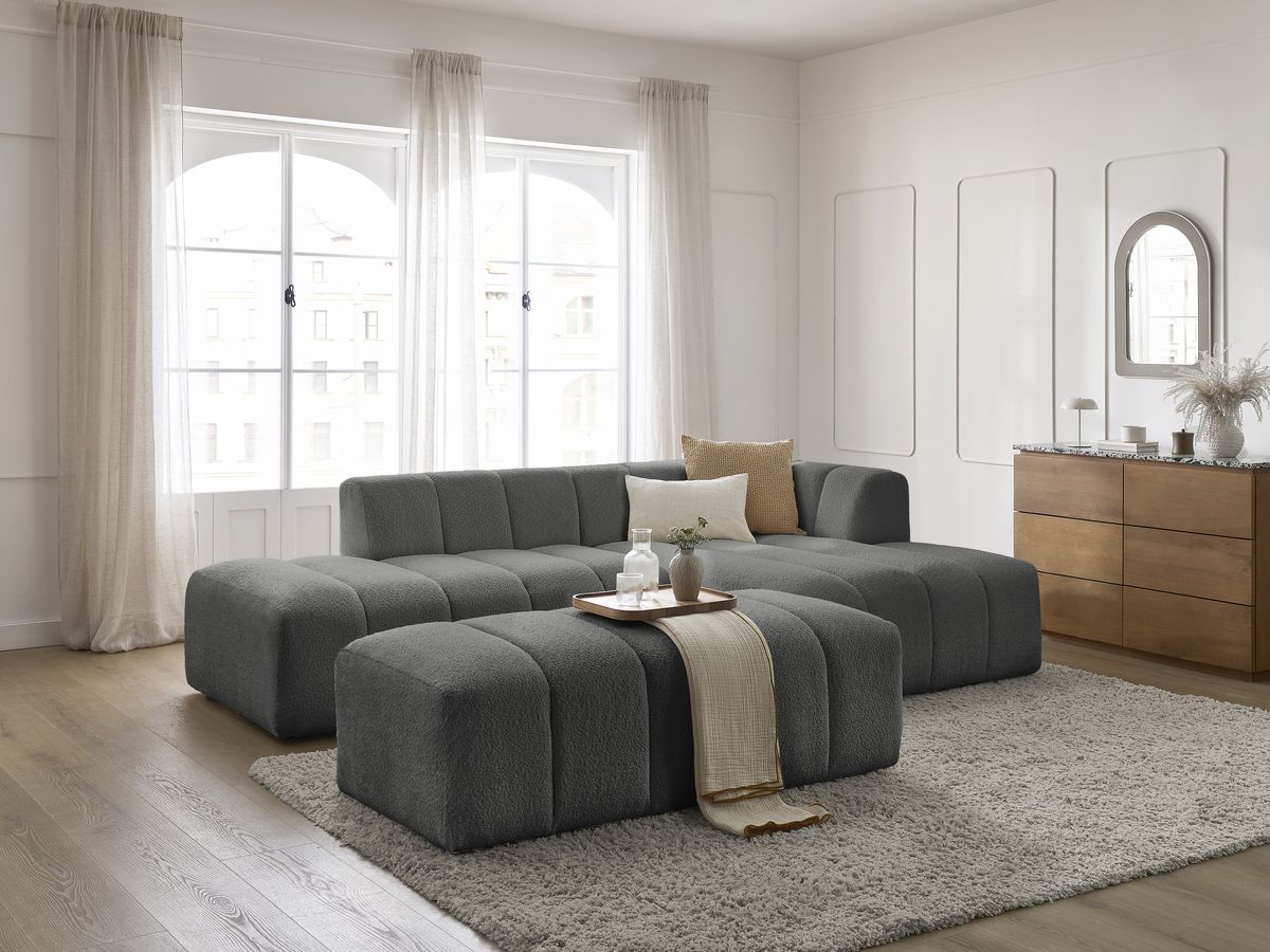 Canapé d'angle fixe modulable ANNECY tissu bouclette avec pouf
