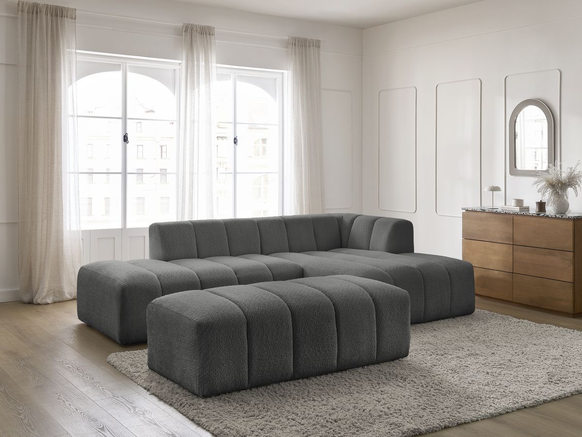 Canapé d'angle fixe modulable ANNECY tissu bouclette avec pouf