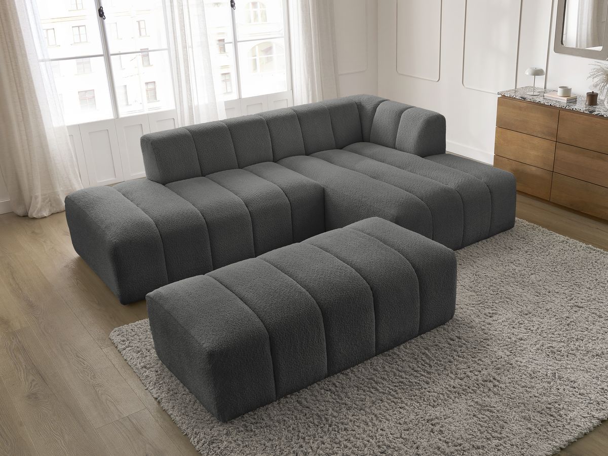 Canapé d'angle fixe modulable ANNECY tissu bouclette avec pouf