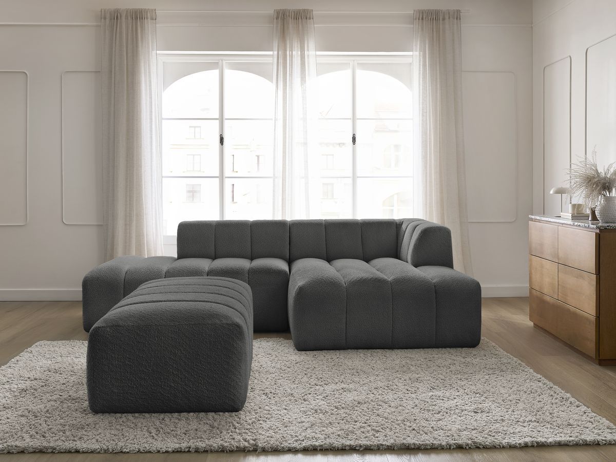 Canapé d'angle fixe modulable ANNECY tissu bouclette avec pouf