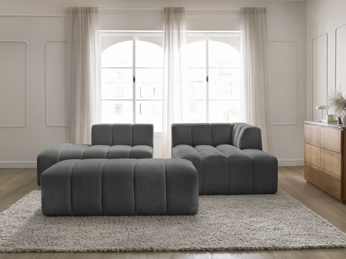 Canapé d'angle fixe modulable ANNECY tissu bouclette avec pouf