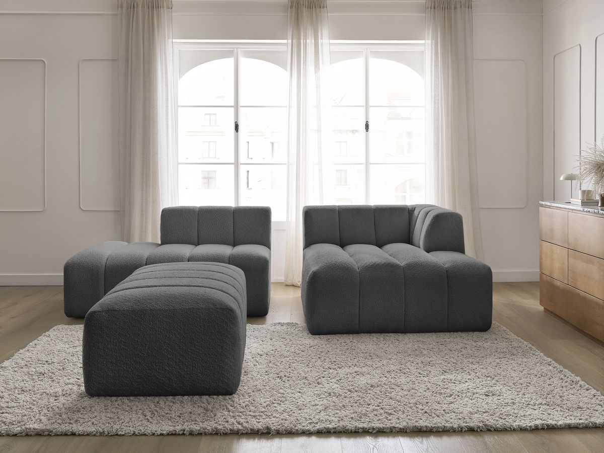 Canapé d'angle fixe modulable ANNECY tissu bouclette avec pouf