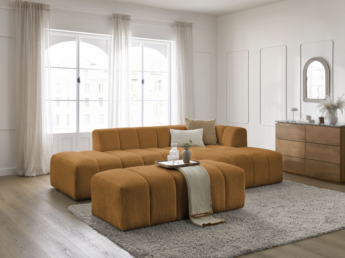 Canapé d'angle fixe modulable ANNECY tissu bouclette avec pouf