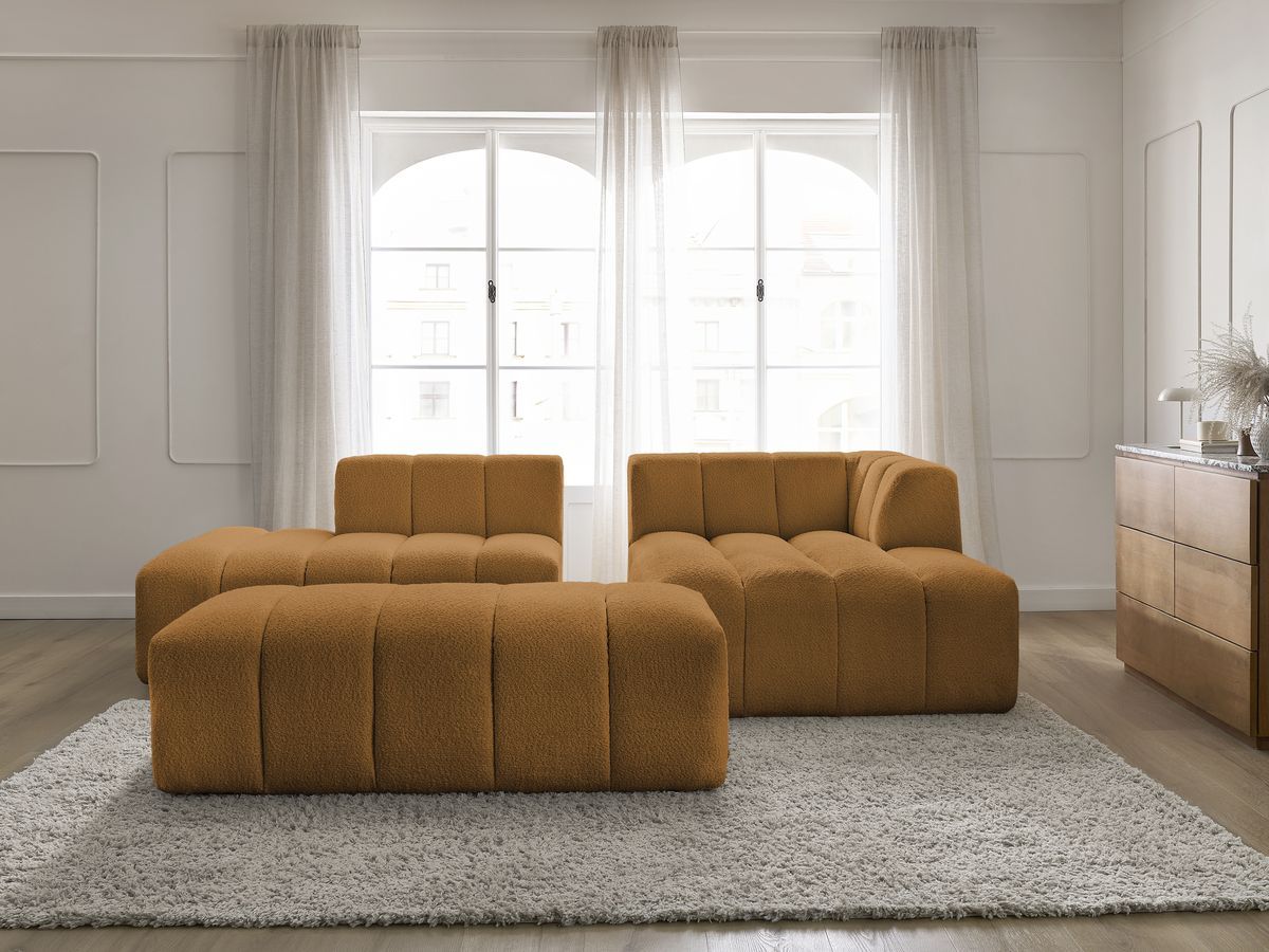 Canapé d'angle fixe modulable ANNECY tissu bouclette avec pouf