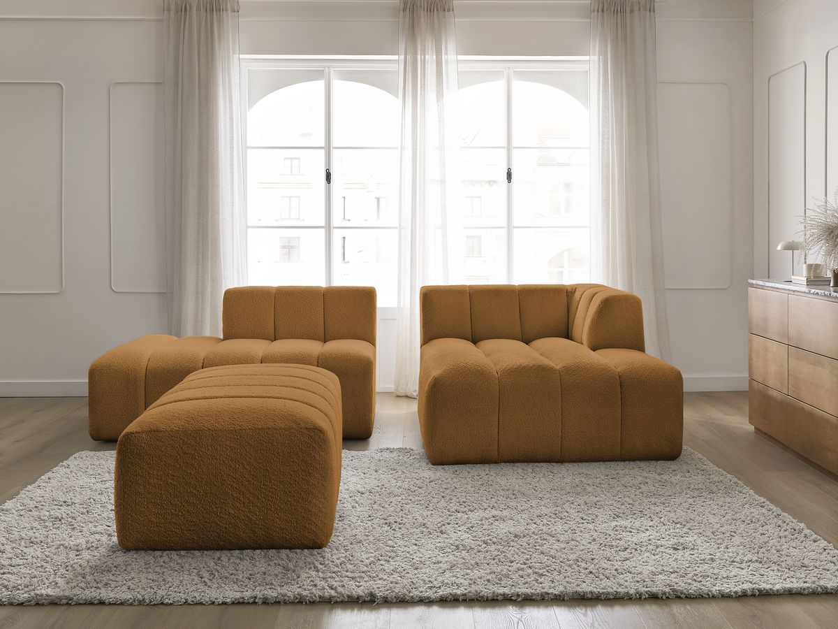 Canapé d'angle fixe modulable ANNECY tissu bouclette avec pouf