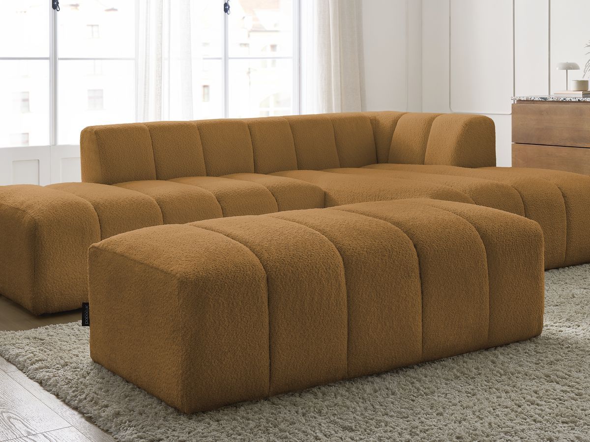 Canapé d'angle fixe modulable ANNECY tissu bouclette avec pouf