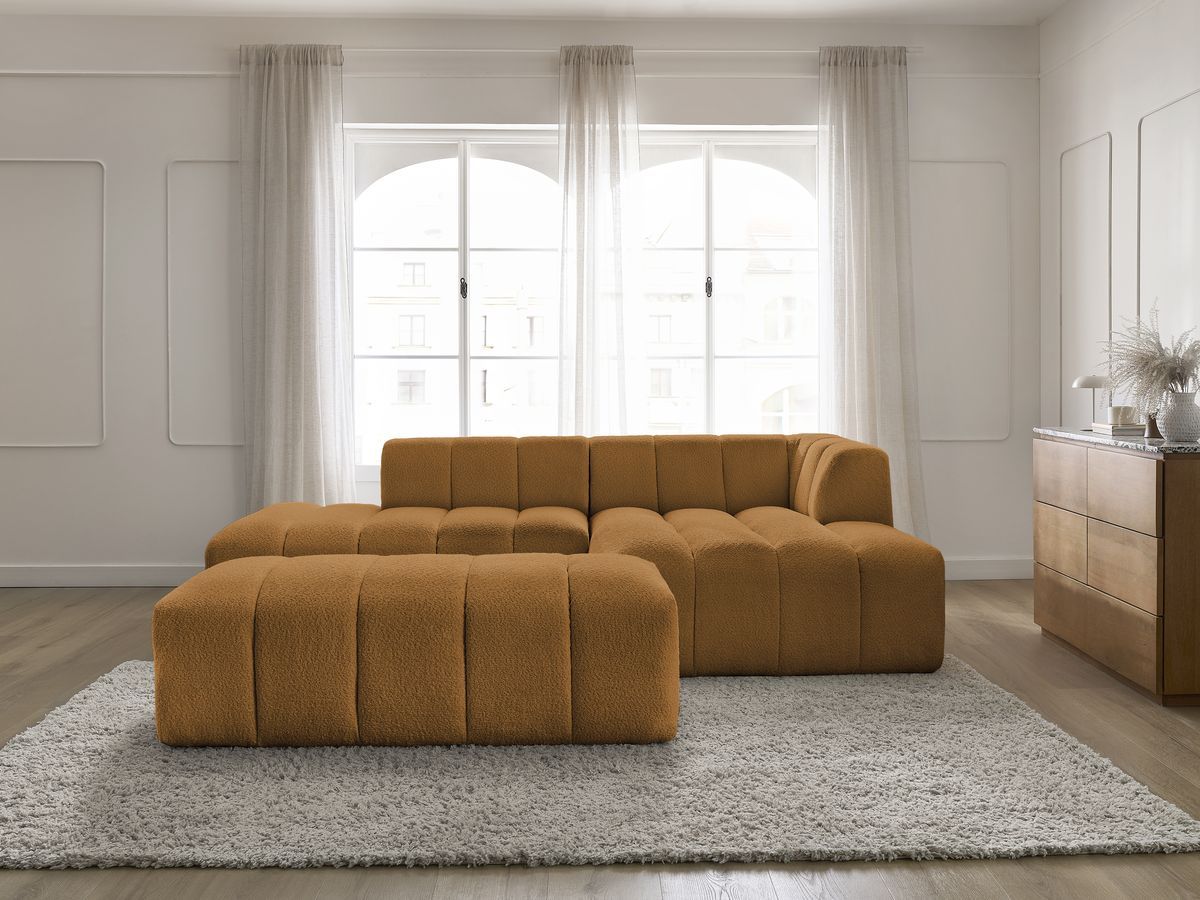 Canapé d'angle fixe modulable ANNECY tissu bouclette avec pouf