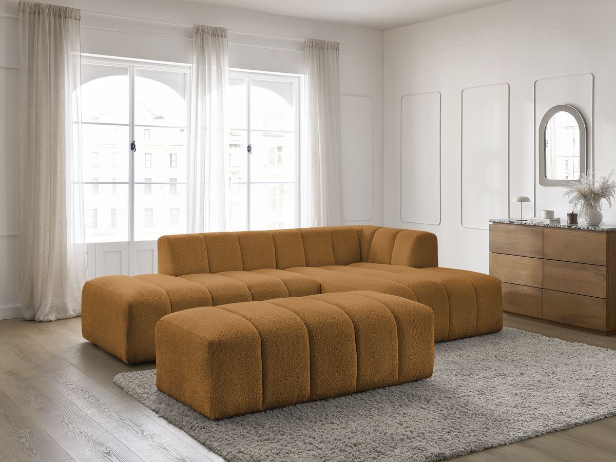 Canapé d'angle fixe modulable ANNECY tissu bouclette avec pouf