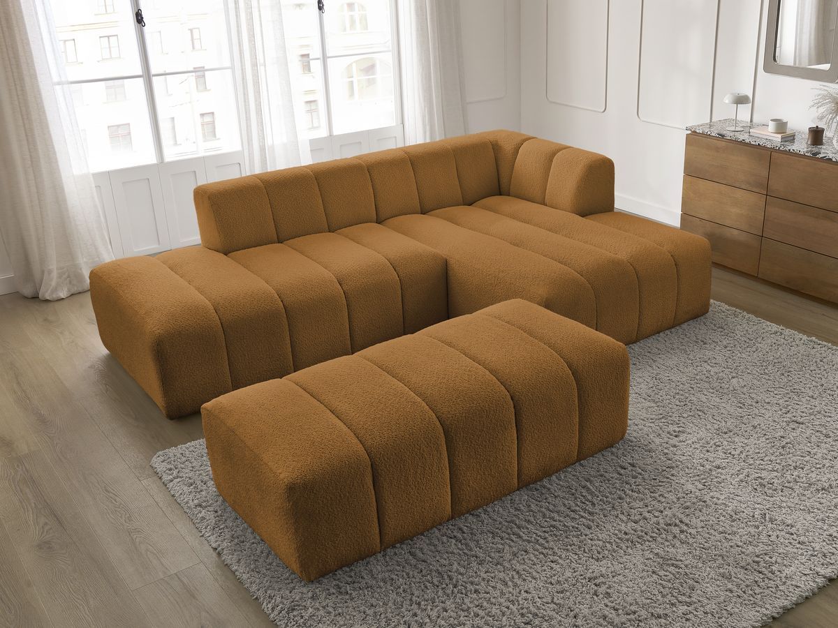 Canapé d'angle fixe modulable ANNECY tissu bouclette avec pouf