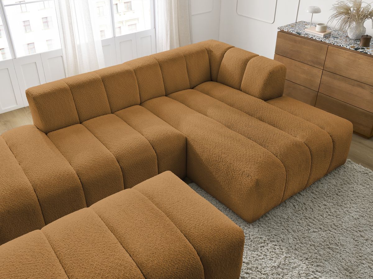 Canapé d'angle fixe modulable ANNECY tissu bouclette avec pouf