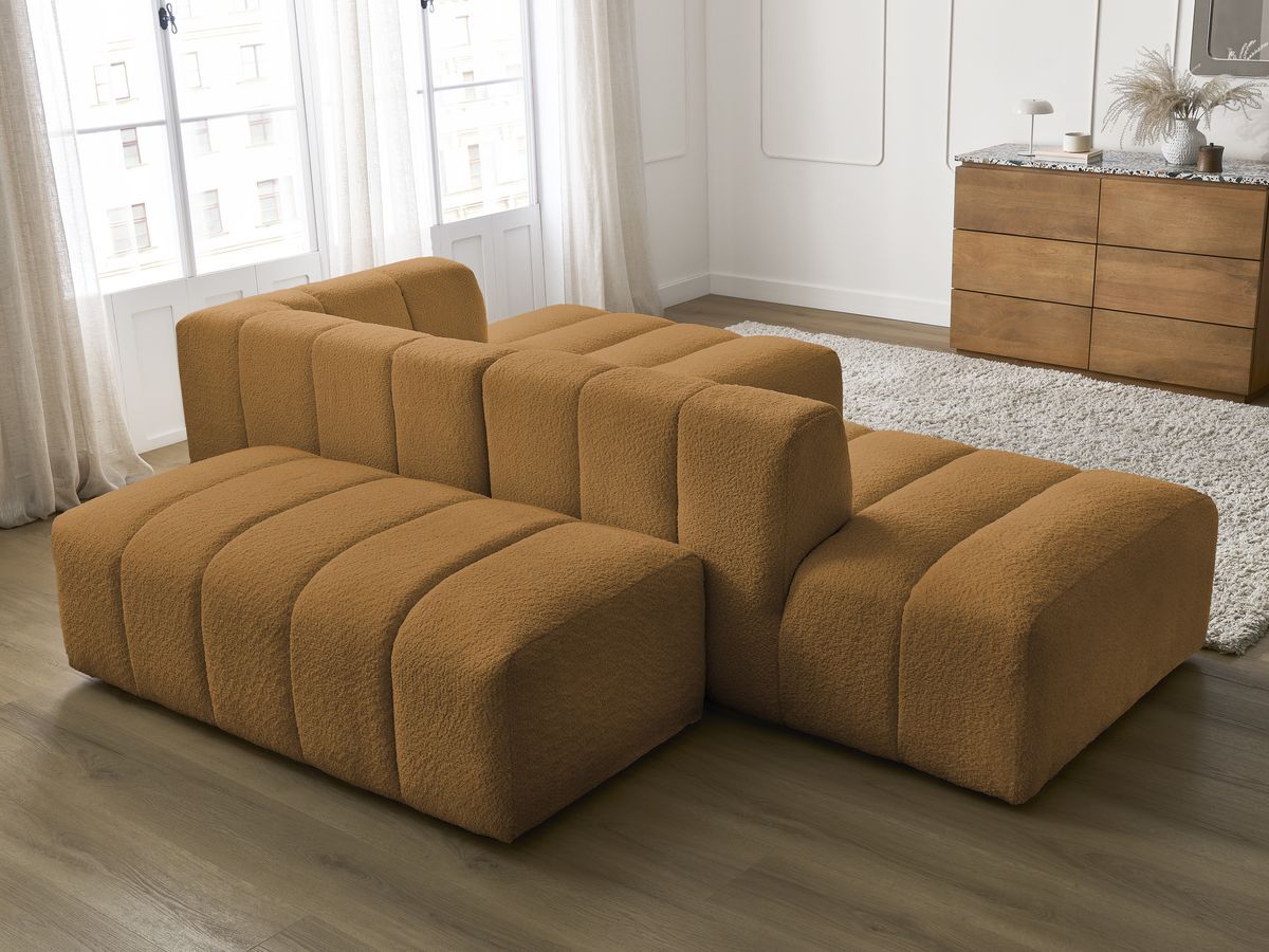 Canapé d'angle fixe modulable ANNECY tissu bouclette avec pouf