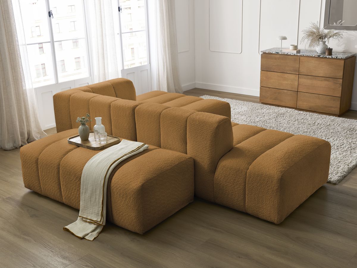 Canapé d'angle fixe modulable ANNECY tissu bouclette avec pouf