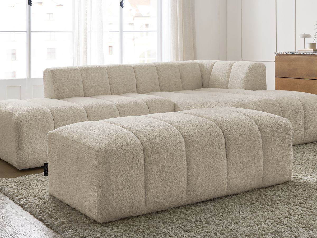Canapé d'angle fixe modulable ANNECY tissu bouclette avec pouf