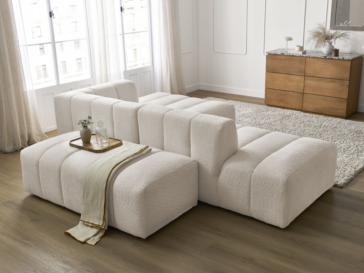 Canapé d'angle fixe modulable ANNECY tissu bouclette avec pouf