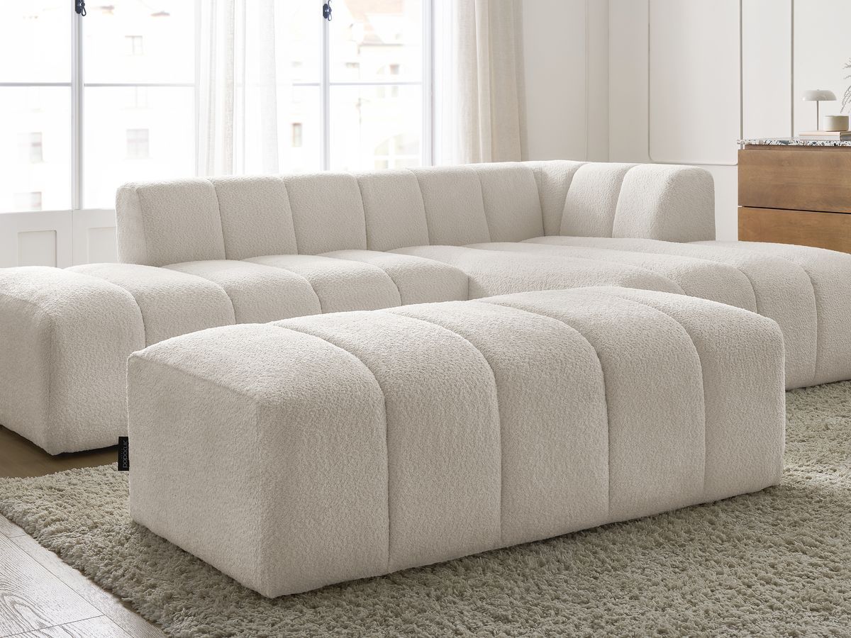 Canapé d'angle fixe modulable ANNECY tissu bouclette avec pouf