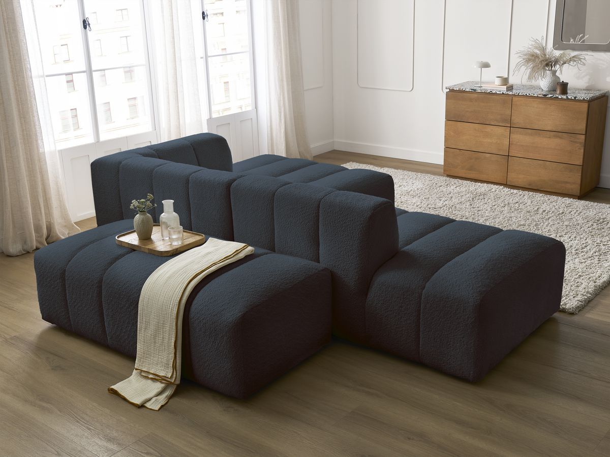 Canapé d'angle fixe modulable ANNECY tissu bouclette avec pouf