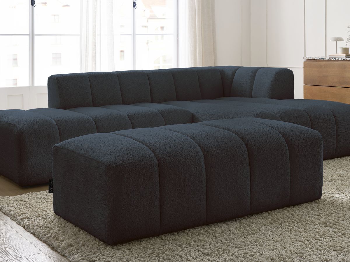 Canapé d'angle fixe modulable ANNECY tissu bouclette avec pouf