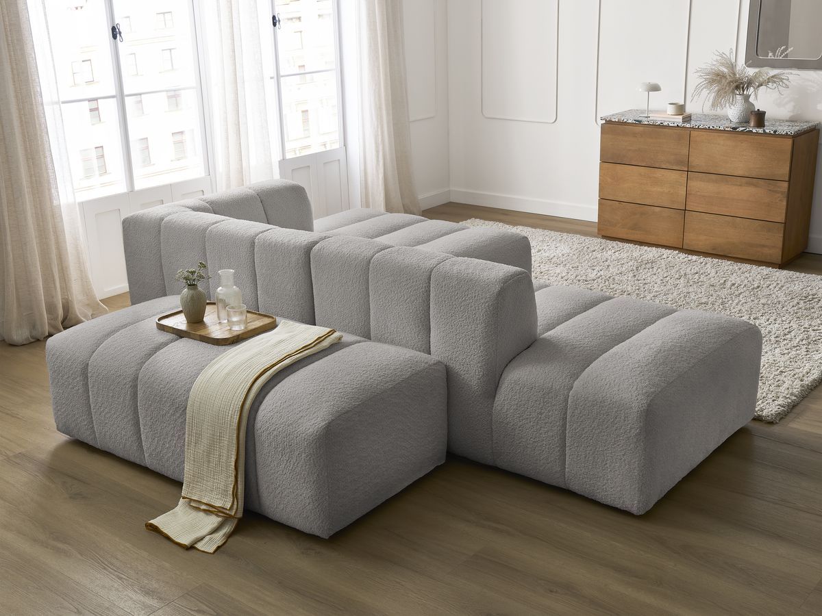 Canapé d'angle fixe modulable ANNECY tissu bouclette avec pouf