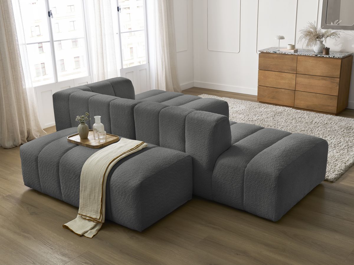 Canapé d'angle fixe modulable ANNECY tissu bouclette avec pouf