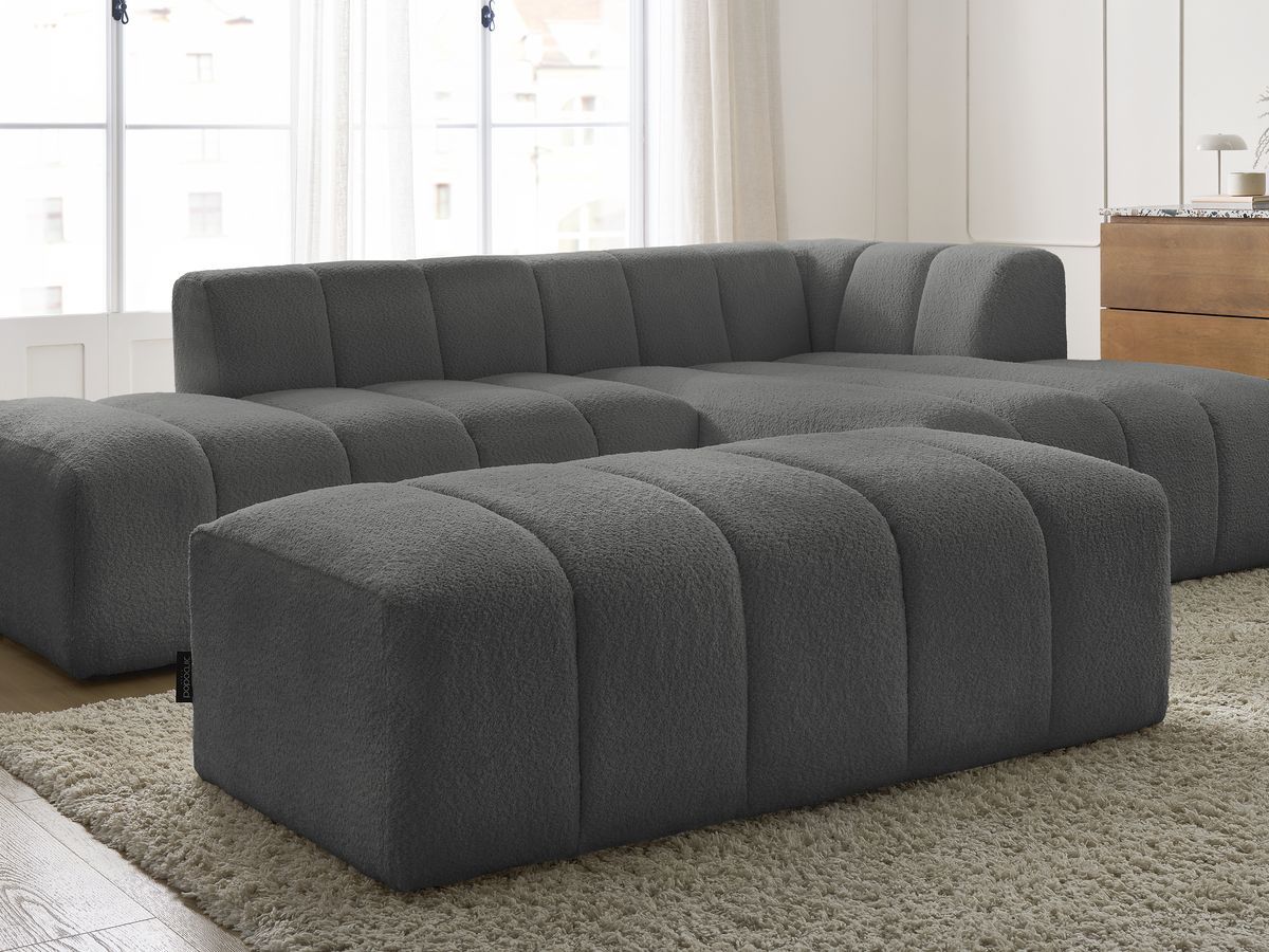 Canapé d'angle fixe modulable ANNECY tissu bouclette avec pouf