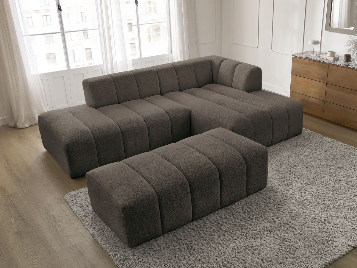 Canapé d'angle fixe modulable ANNECY tissu bouclette avec pouf