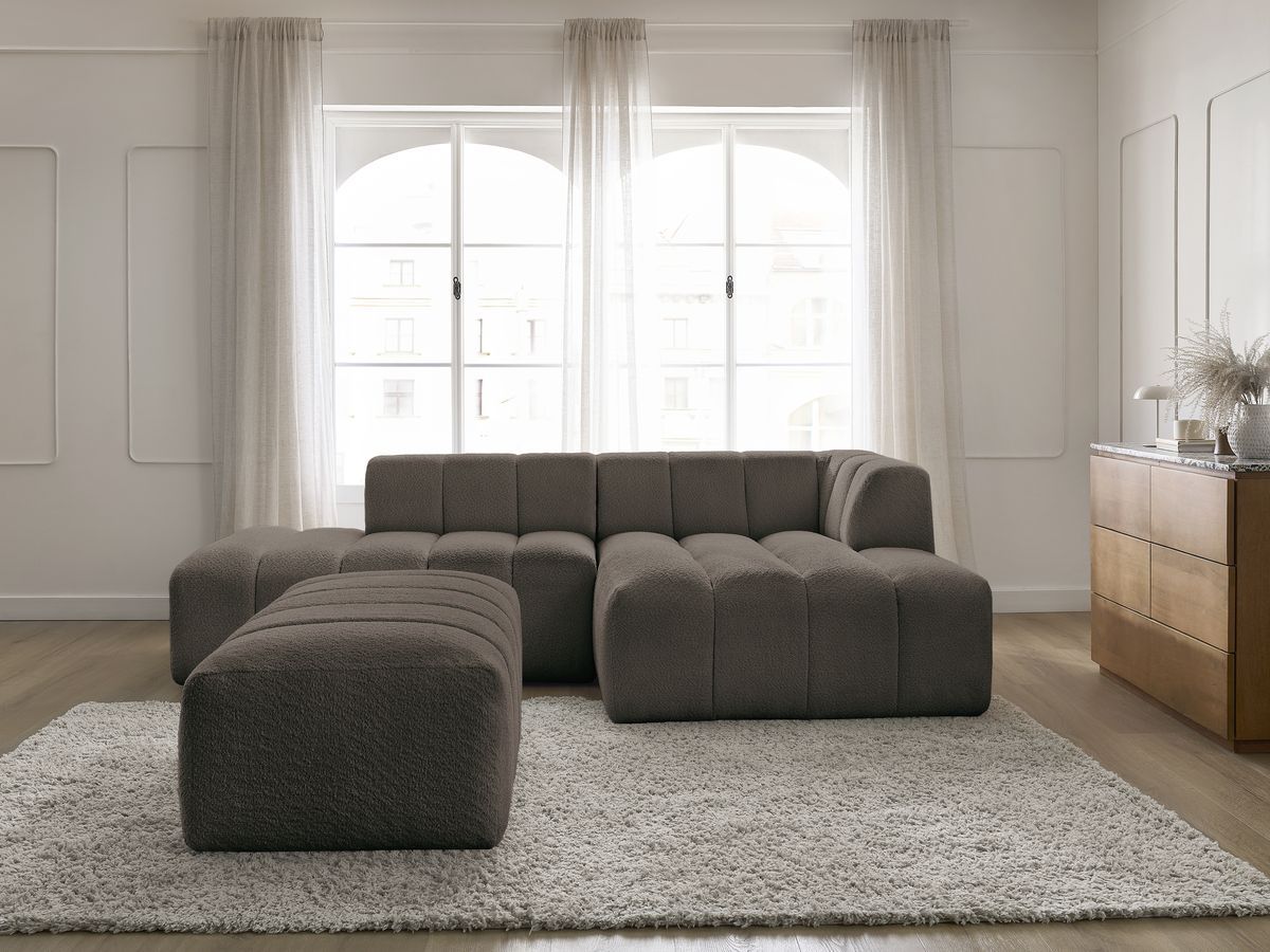 Canapé d'angle fixe modulable ANNECY tissu bouclette avec pouf