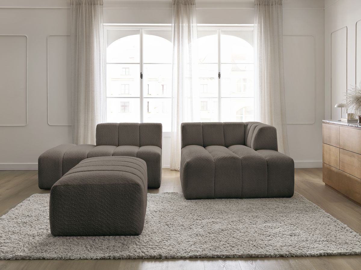 Canapé d'angle fixe modulable ANNECY tissu bouclette avec pouf