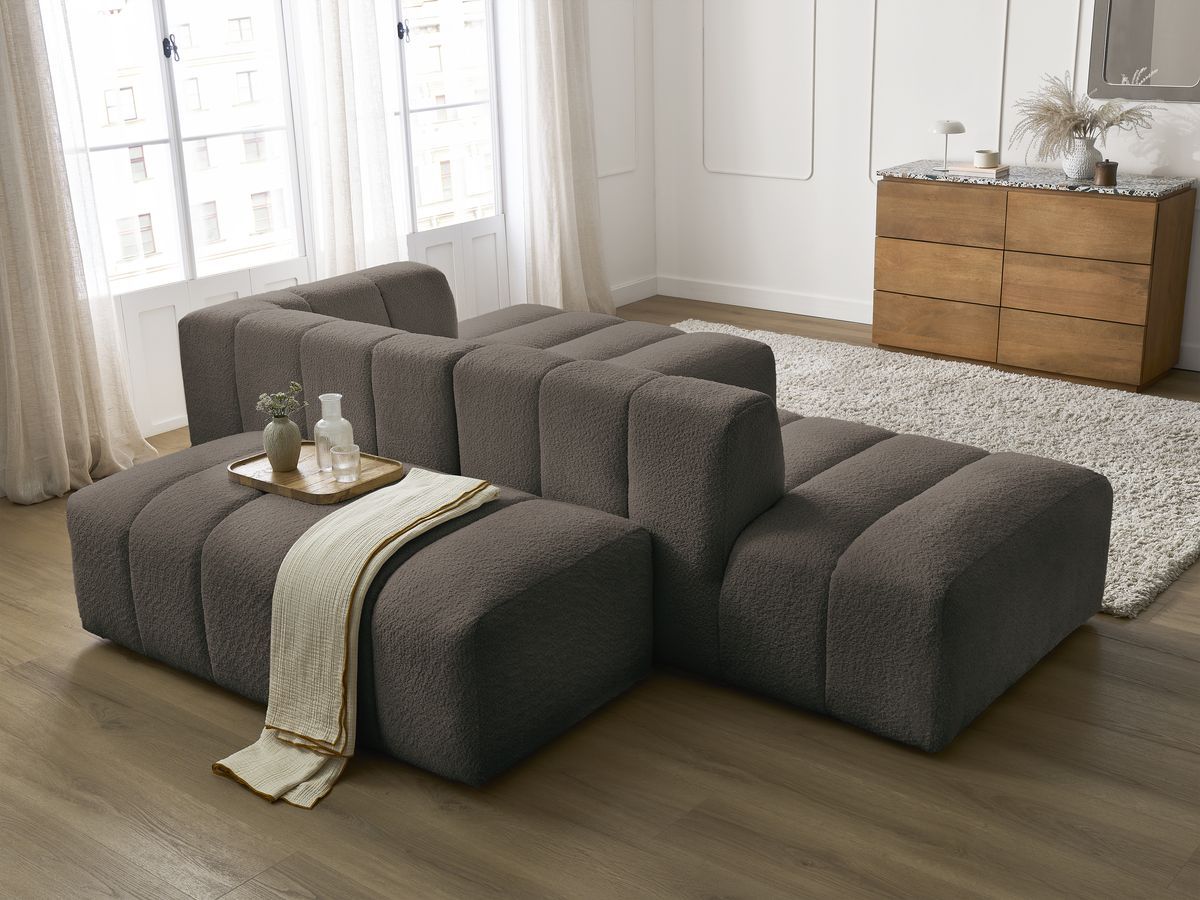 Canapé d'angle fixe modulable ANNECY tissu bouclette avec pouf